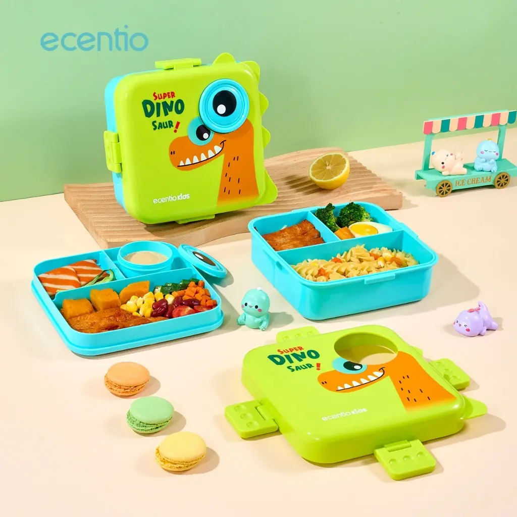 Ecentio Children Three-Compartment Lunch Box With Rubber Inside Cartoon Dinosaur Green (1).webp