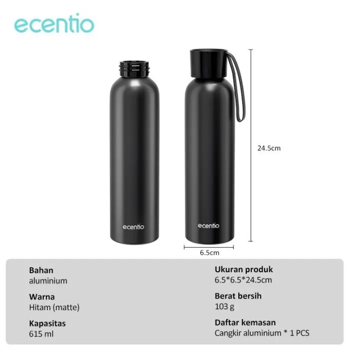 Ecentio matte finish bottle body 615 ml aluminum bottle Black.webp