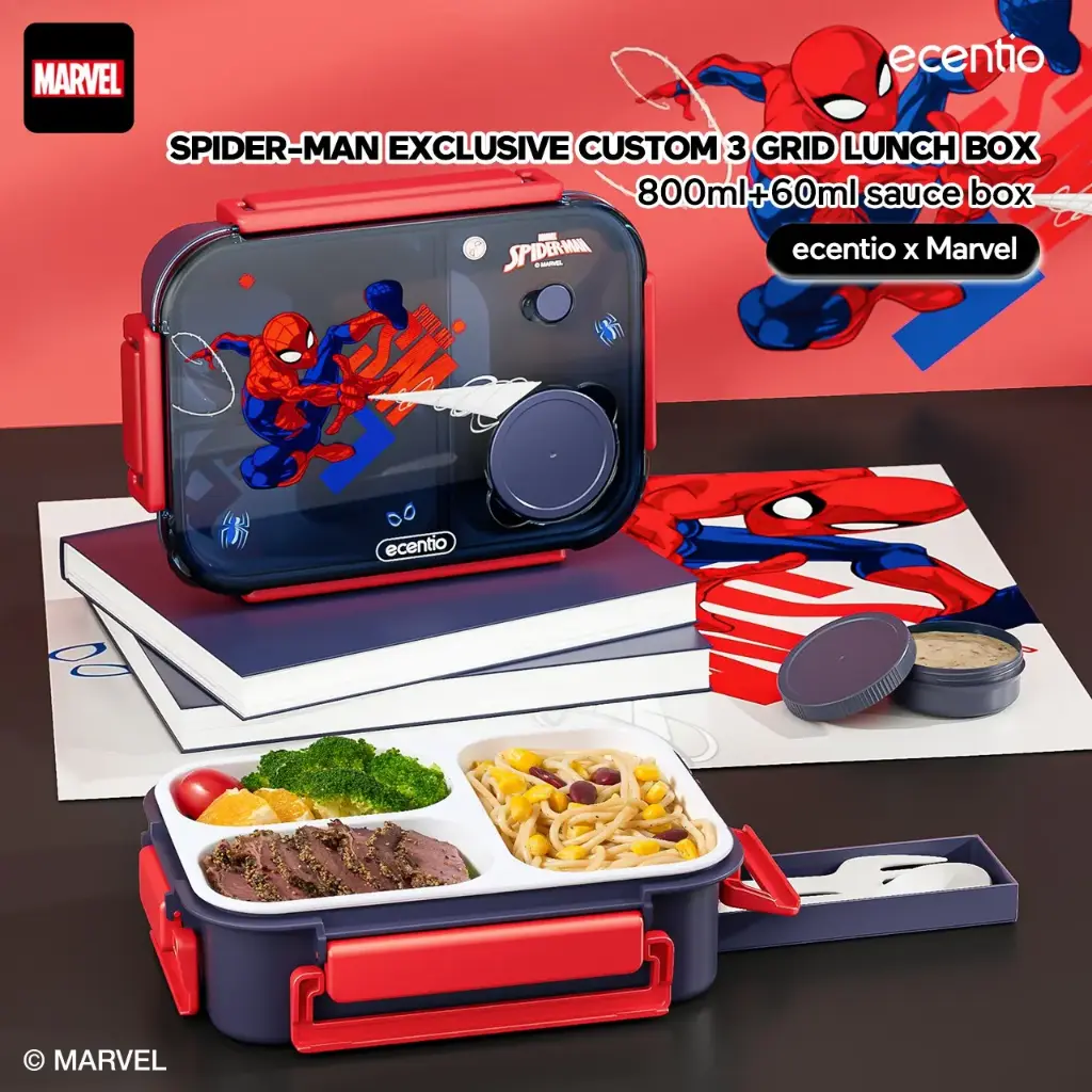 ECENTIO-800ML ANTI-SMELL 3-COMPARTMENT PLASTIC LUNCH BOX-DISNEY SPIDER-MAN IP