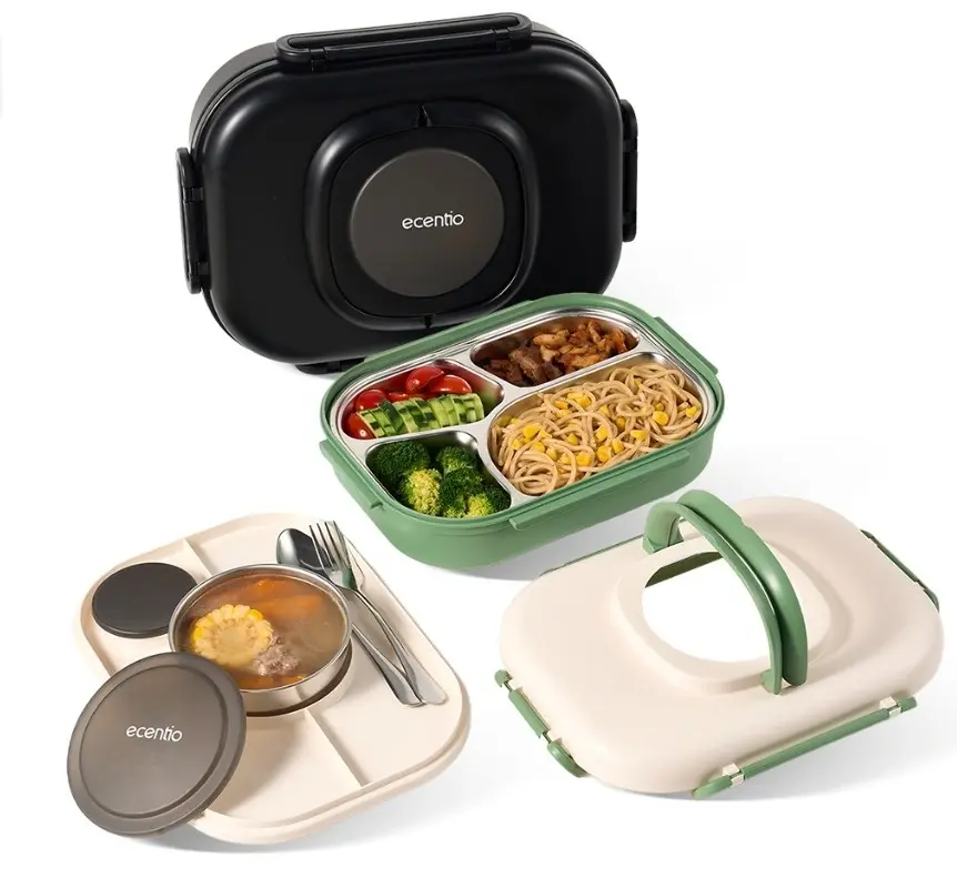 ECENTIO-DOUBLE-LAYER PORTABLE 1.1L STAINLESS STEEL LUNCH BOX + 360ML SOUP BOWL + 40ML SAUCE DISH + STAINLESS STEEL CHOPSTICKS + STAINLESS STEEL SPOON (GREEN)