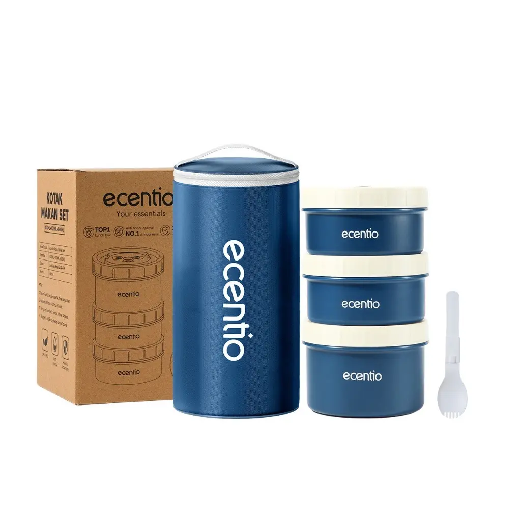ECENTIO 3 PIECE STAINLESS STEEL ROUND LUNCH BOX SET-400+400+600ML（BLUE)