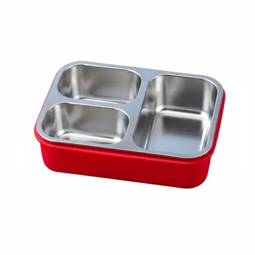 [9860] ECENTIO CHILDREN 3 COMPARTMENT 750ML ANTI CROSS FLAVORED STAINLESS STEEL LUNCH BOX WITH 80ML SAUCE BOX AND PLASTIC SPOON